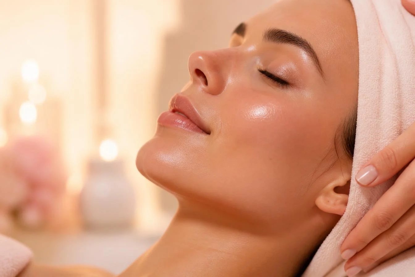 A client with glowing, radiant skin after a facial treatment